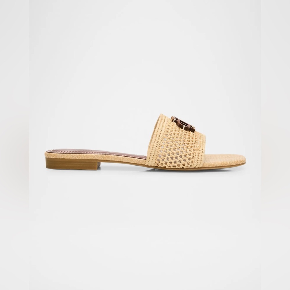 Simkhai Delphi Raffia Monogram Flat Slide Sandals $345